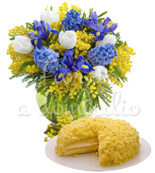 bouquet-di-mimose-tulipanie-e-iris-con-torta